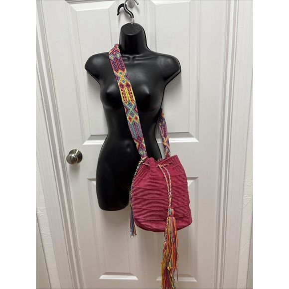 Unbranded Handbags - Handmade Crochet Mochila Bucket Bag Magenta Pink Woven Geometric Strap Tassels